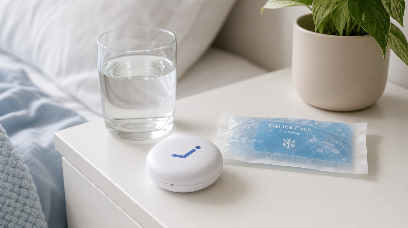 Jawology aligner case on bedside table with ice pack and water after wisdom teeth removal