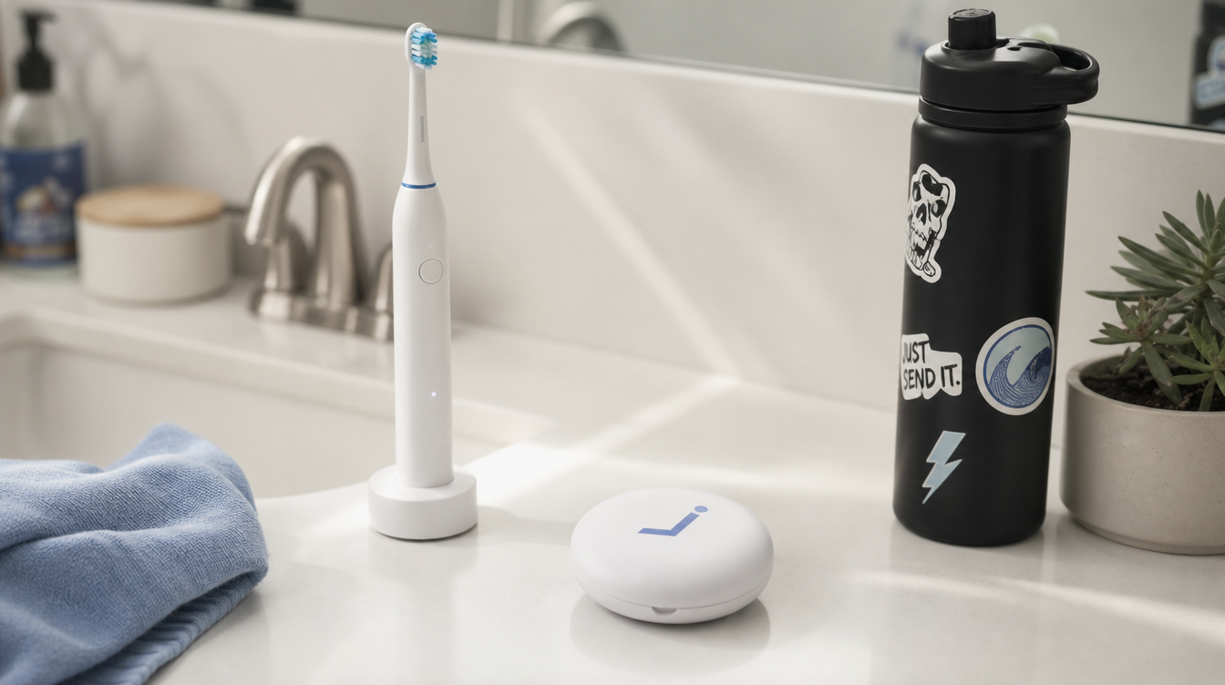 Jawology aligner case on teenager's bathroom counter with electric toothbrush