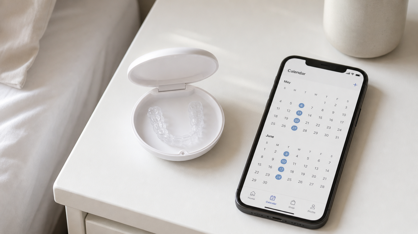 Jawology aligner case on bedside table beside smartphone with calendar app