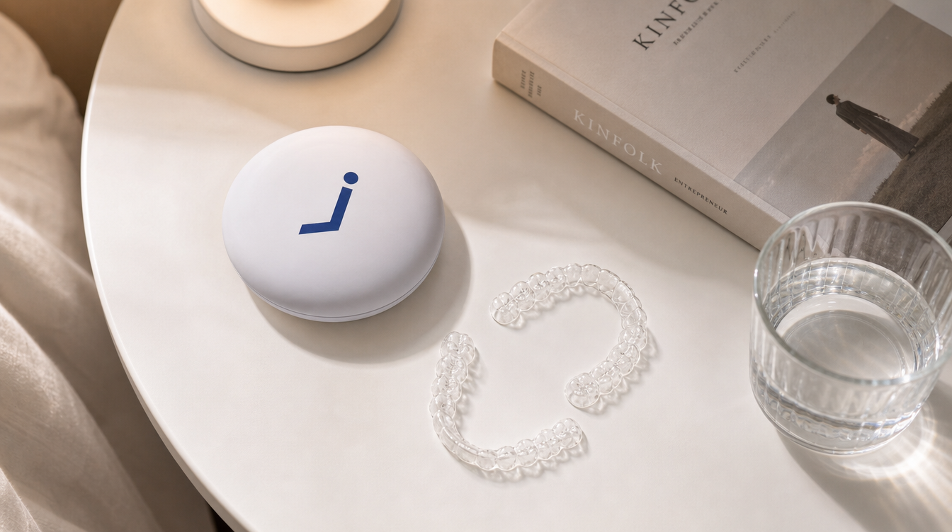 Closed Jawology aligner case with navy logo on bedside table beside aligner trays, book and water