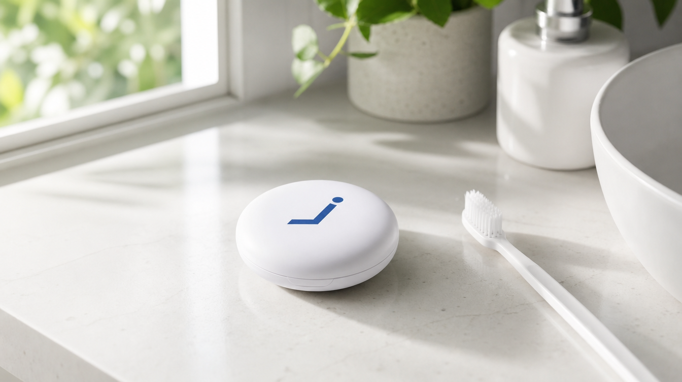 Closed Jawology aligner case with navy logo on bathroom counter beside a toothbrush