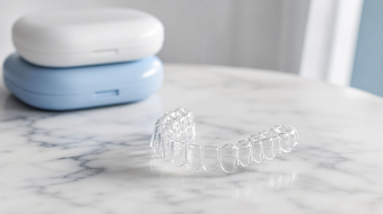 A single clear dental aligner tray on a white marble surface with soft natural light, aligner cases blurred in the background.