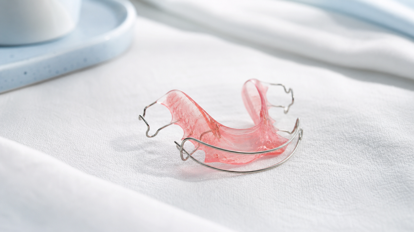 A traditional Hawley retainer with visible wire and pink acrylic base on a soft white surface with natural lighting.