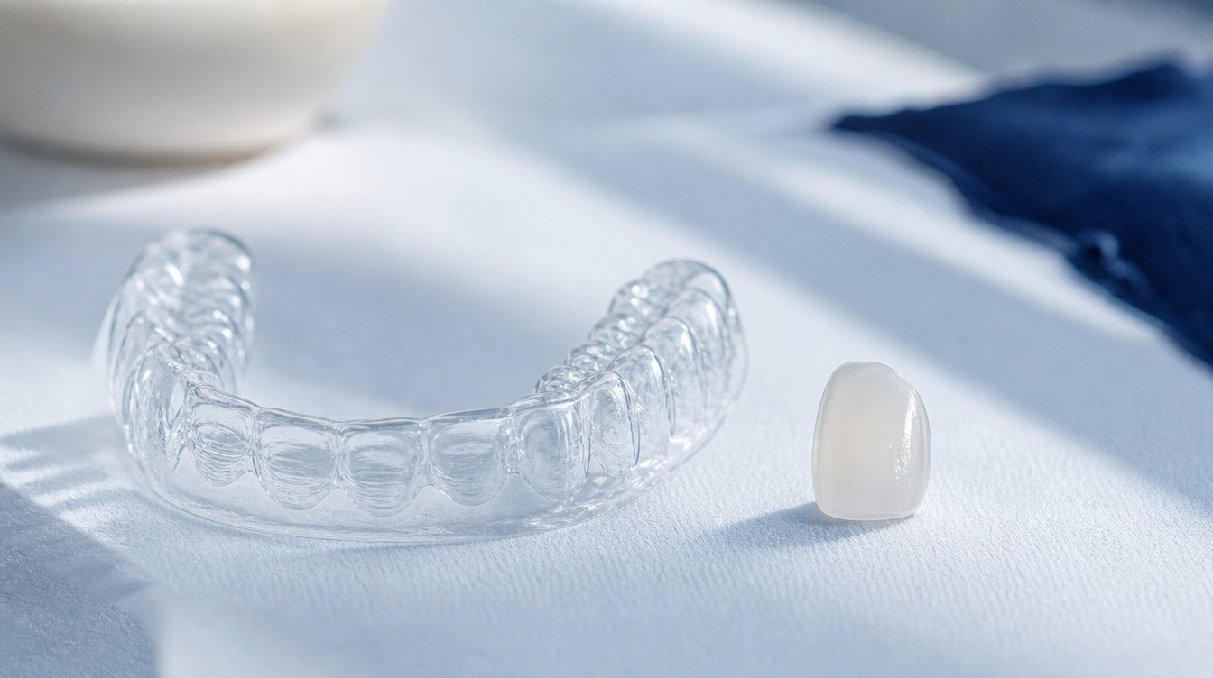 A clear dental aligner tray and a thin porcelain veneer shell side by side on a soft white surface.