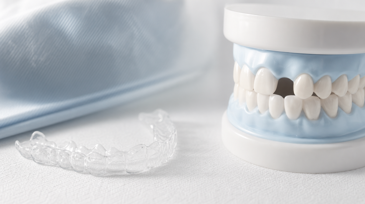 A clear plastic dental retainer next to a dental model showing a gap from an extracted tooth.