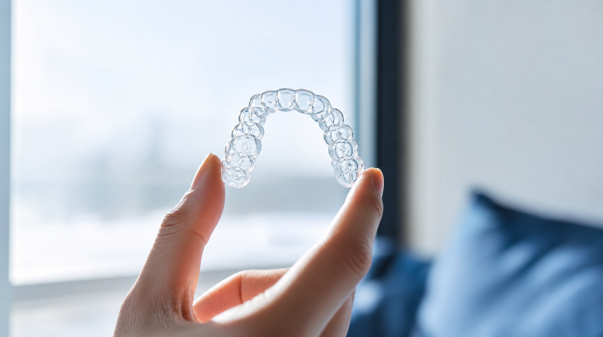 A hand holding a clear dental aligner tray up to natural light near a window.