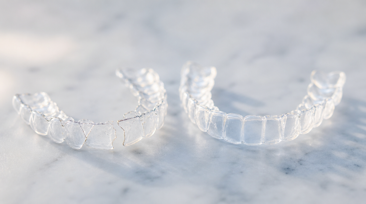 A cracked clear dental retainer next to a brand new one on a white surface.