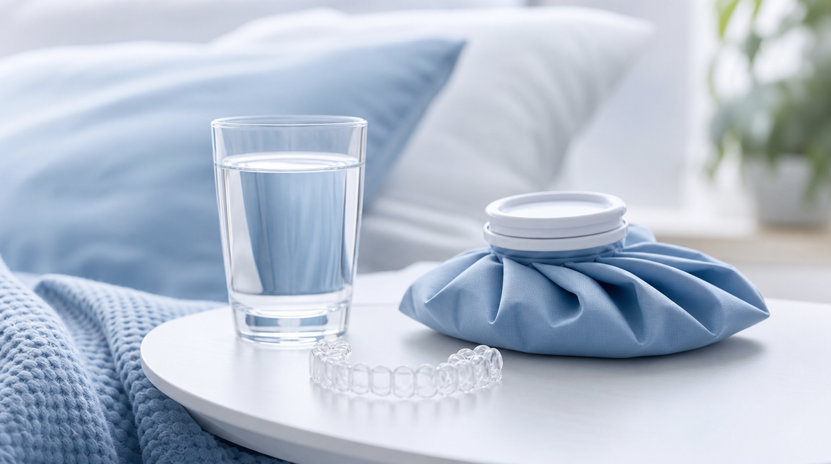A clear dental aligner tray next to an ice pack and glass of water on a bedside surface.