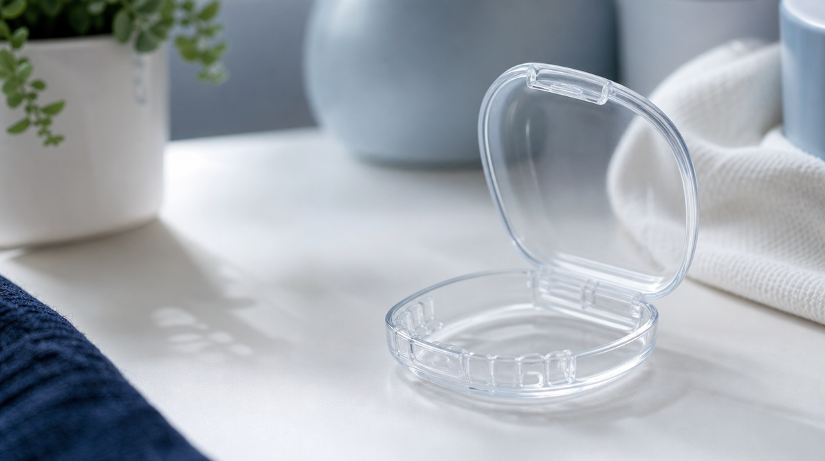 An empty clear retainer case sitting open on a soft white desk surface.