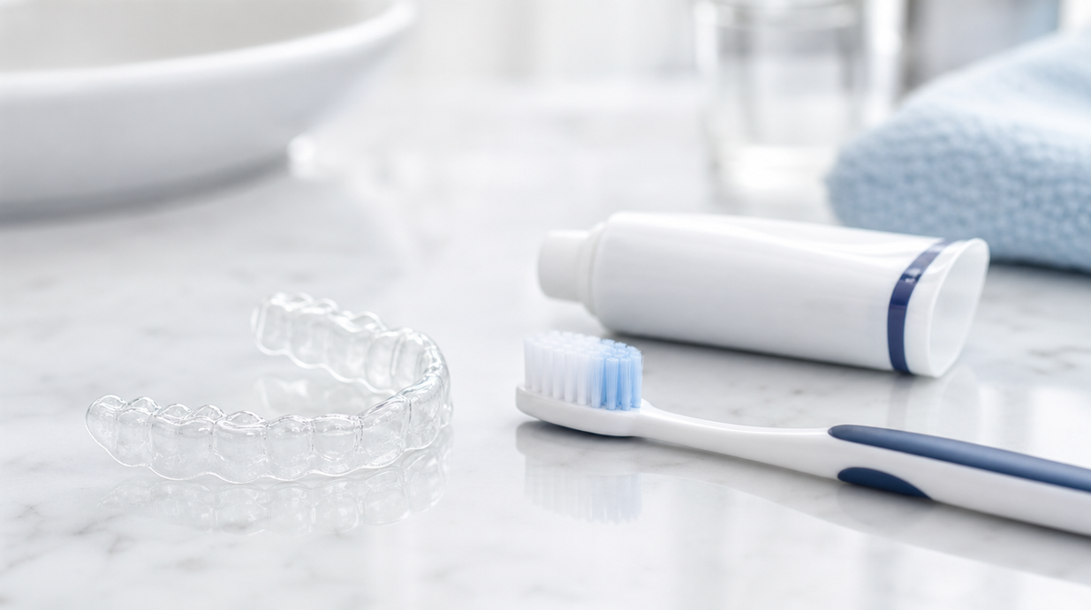 A clear dental aligner tray next to a soft toothbrush and sensitive toothpaste on a bathroom surface.