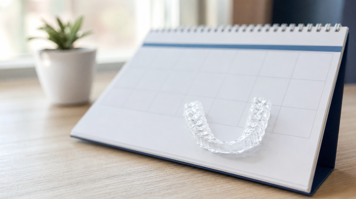 A clear plastic dental retainer resting on a desk calendar in natural light.