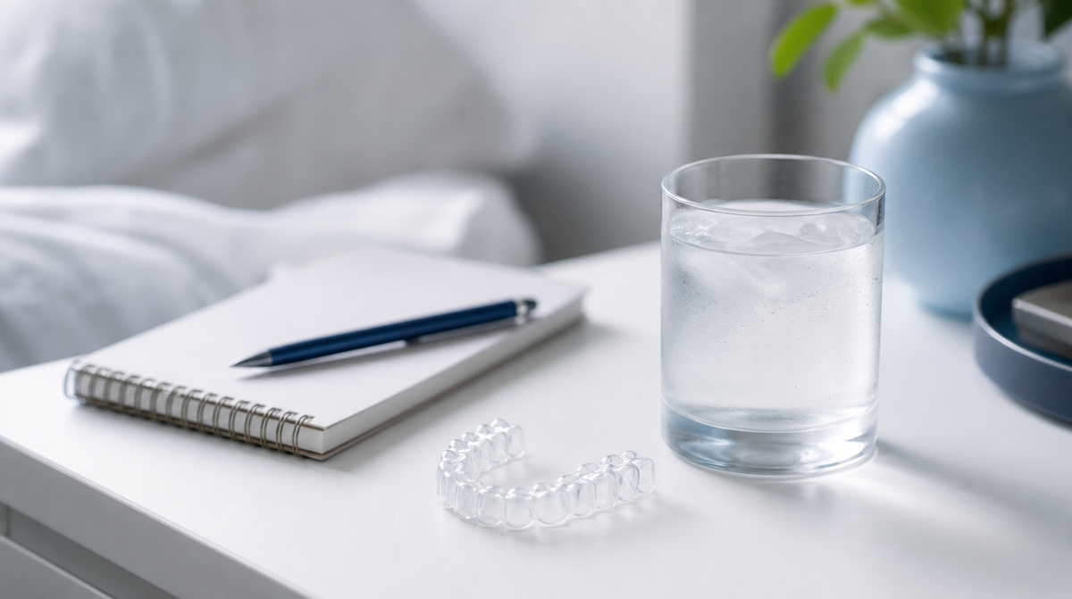 A clear dental aligner tray next to a glass of water and notepad on a bedside table.