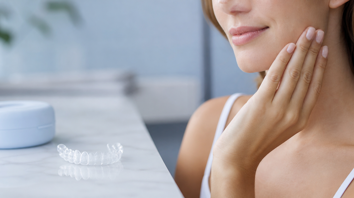 A clear plastic dental retainer next to a person gently touching their jaw.