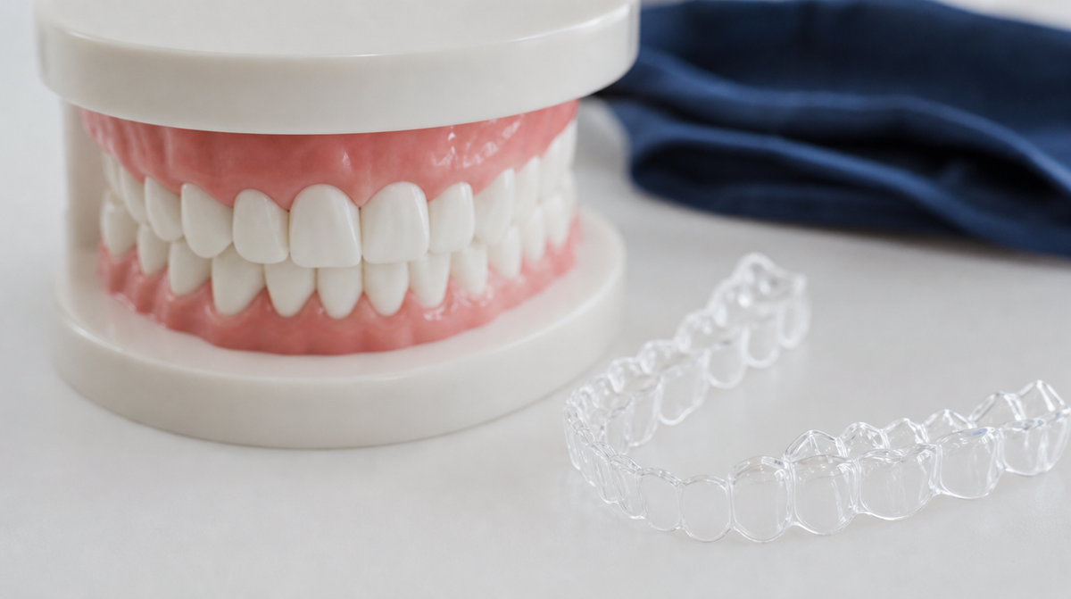 A clear dental aligner tray next to a dental model showing slight crowding of front teeth.