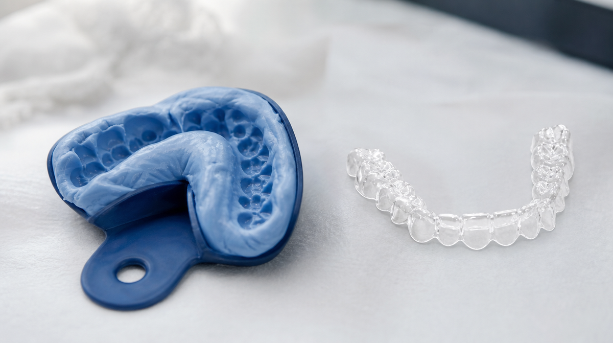 A dental impression putty tray next to a finished clear retainer on a white surface.
