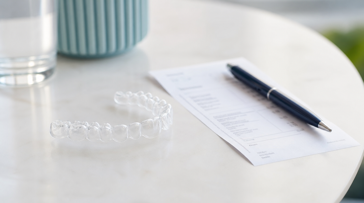A clear dental aligner tray next to a receipt and pen on a desk surface.