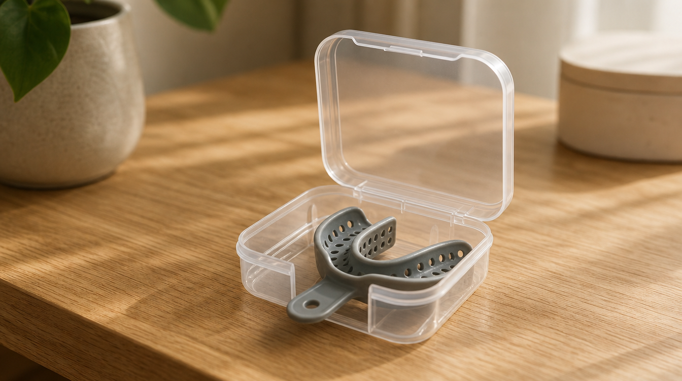 An open clear plastic impression kit case with a putty tray on a wooden desk.