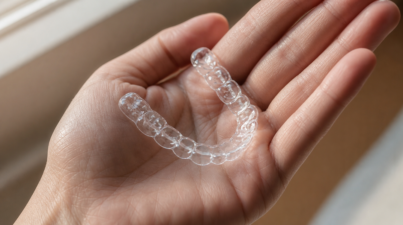 A clear plastic dental retainer resting naturally in an open palm.