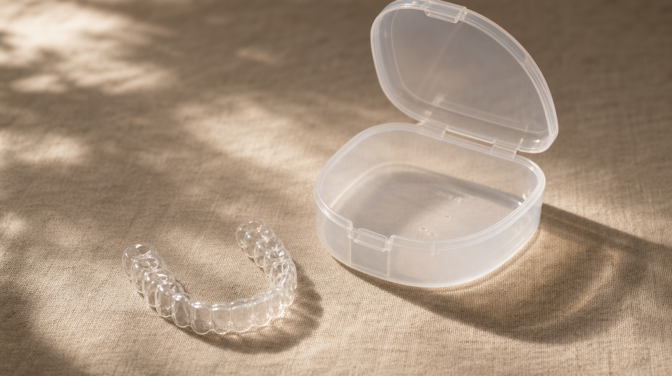 A clear plastic dental retainer lying flat on a linen surface next to an open clear case sized correctly to fit it.