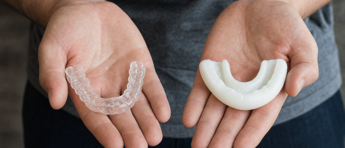 Comparing a night guard to a sports mouthguard, side by side