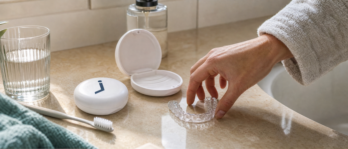 Clear aligner tray and night guard together on a bathroom counter