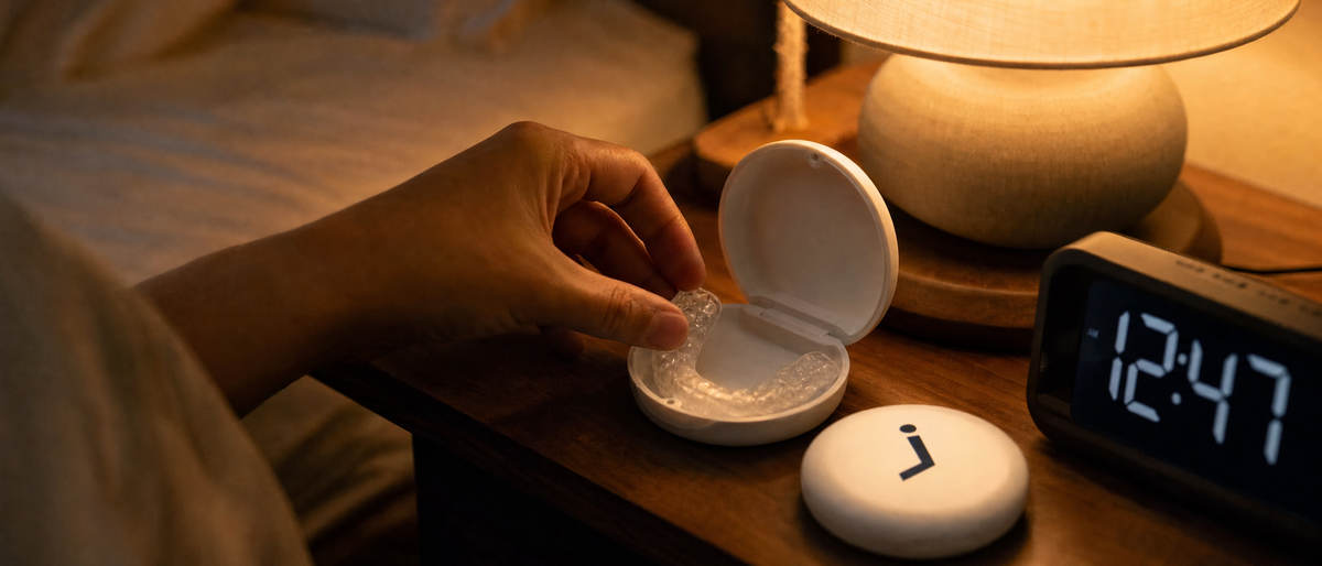 Placing a night guard into its case on a bedside table at night