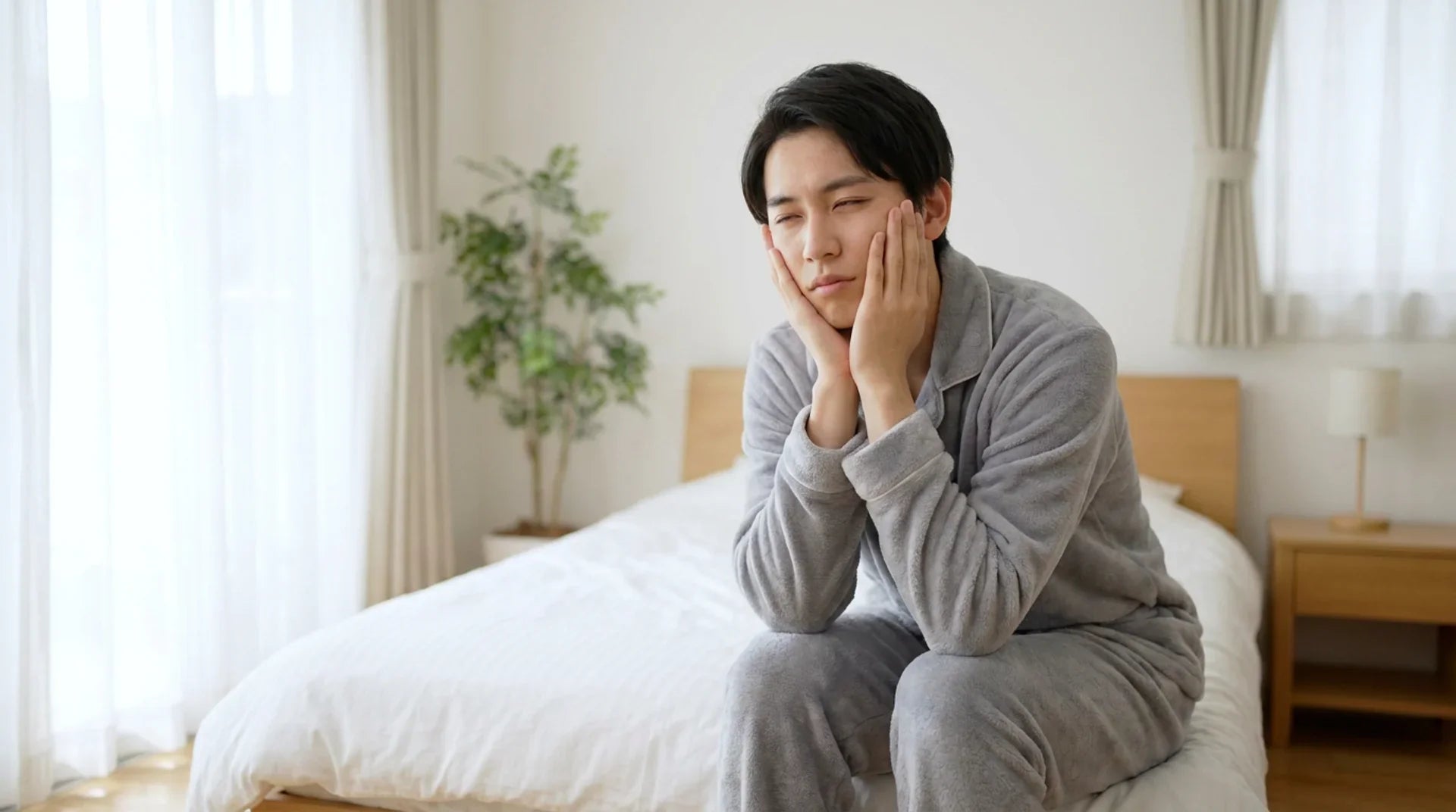 Person sitting on bed in the morning holding their jaw in discomfort, suggesting TMJ or bruxism symptoms.