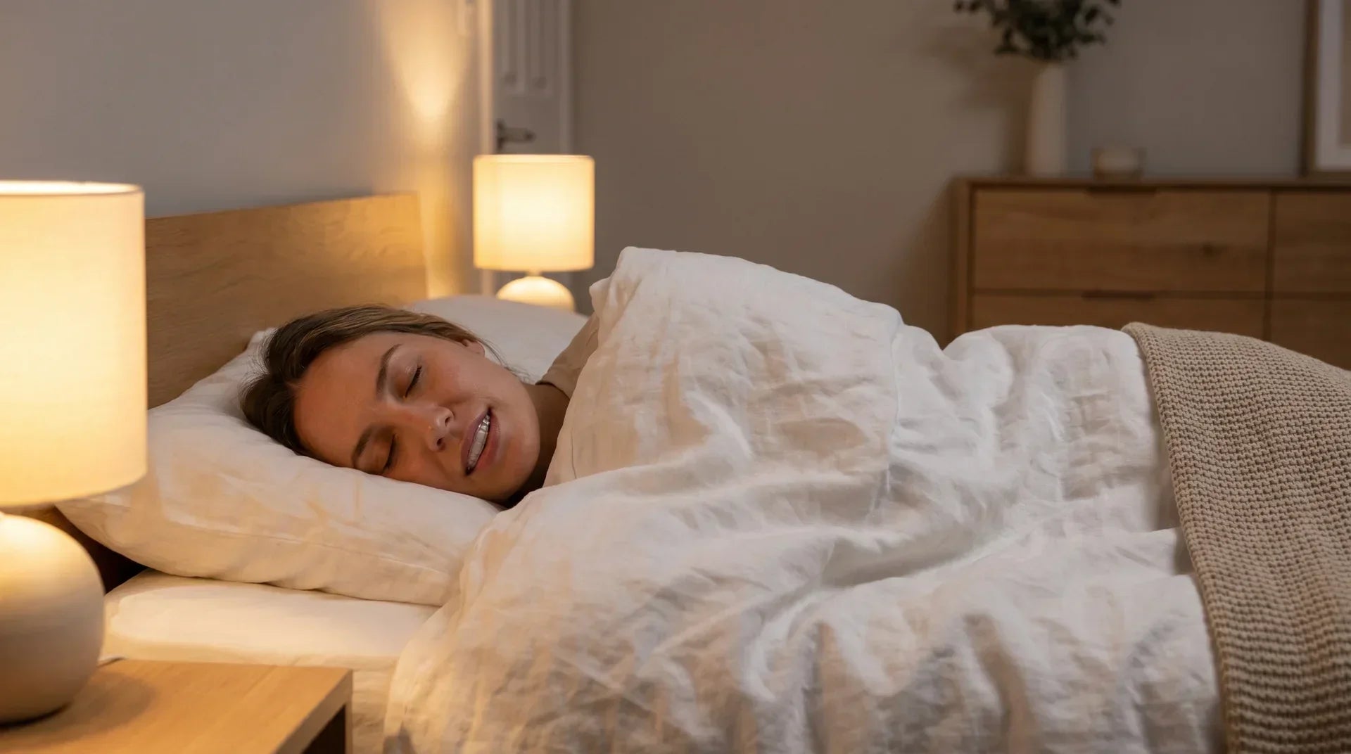woman in bed with a night guard in mouth, sleeping