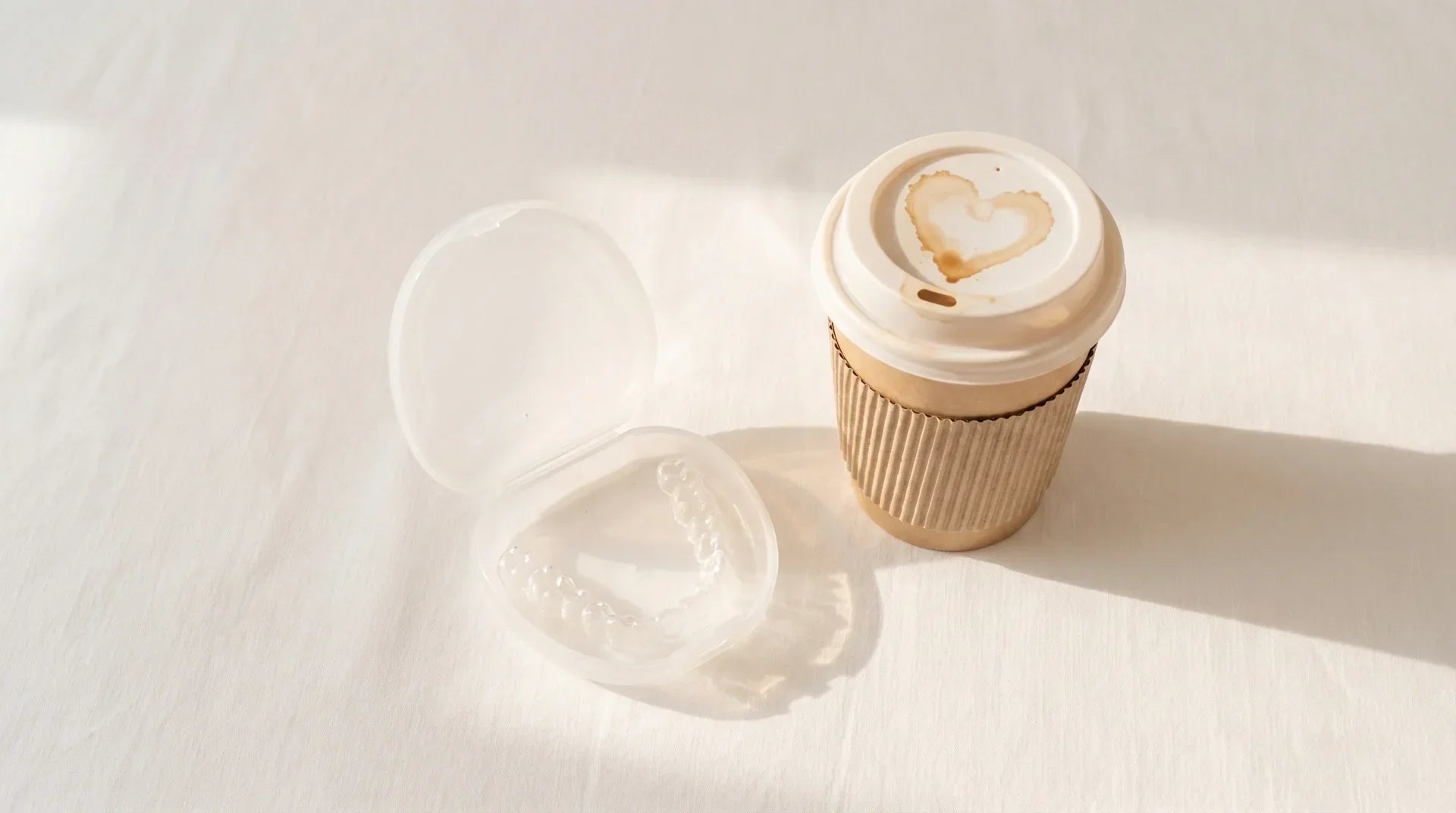clear aligner case next to a coffee cup showing aligners must be removed before drinking coffee