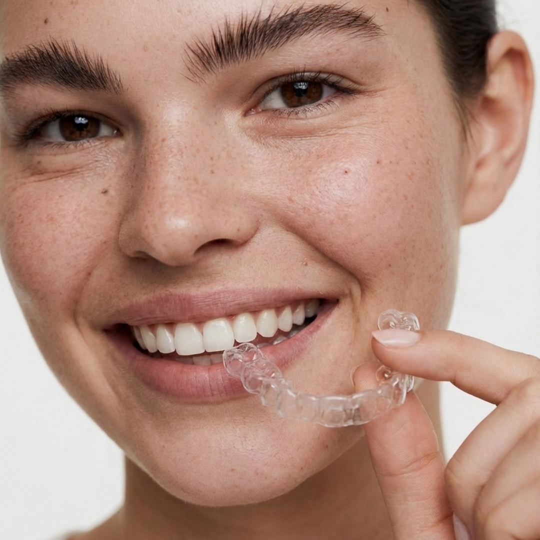 Woman holding a clear aligner with a plain background