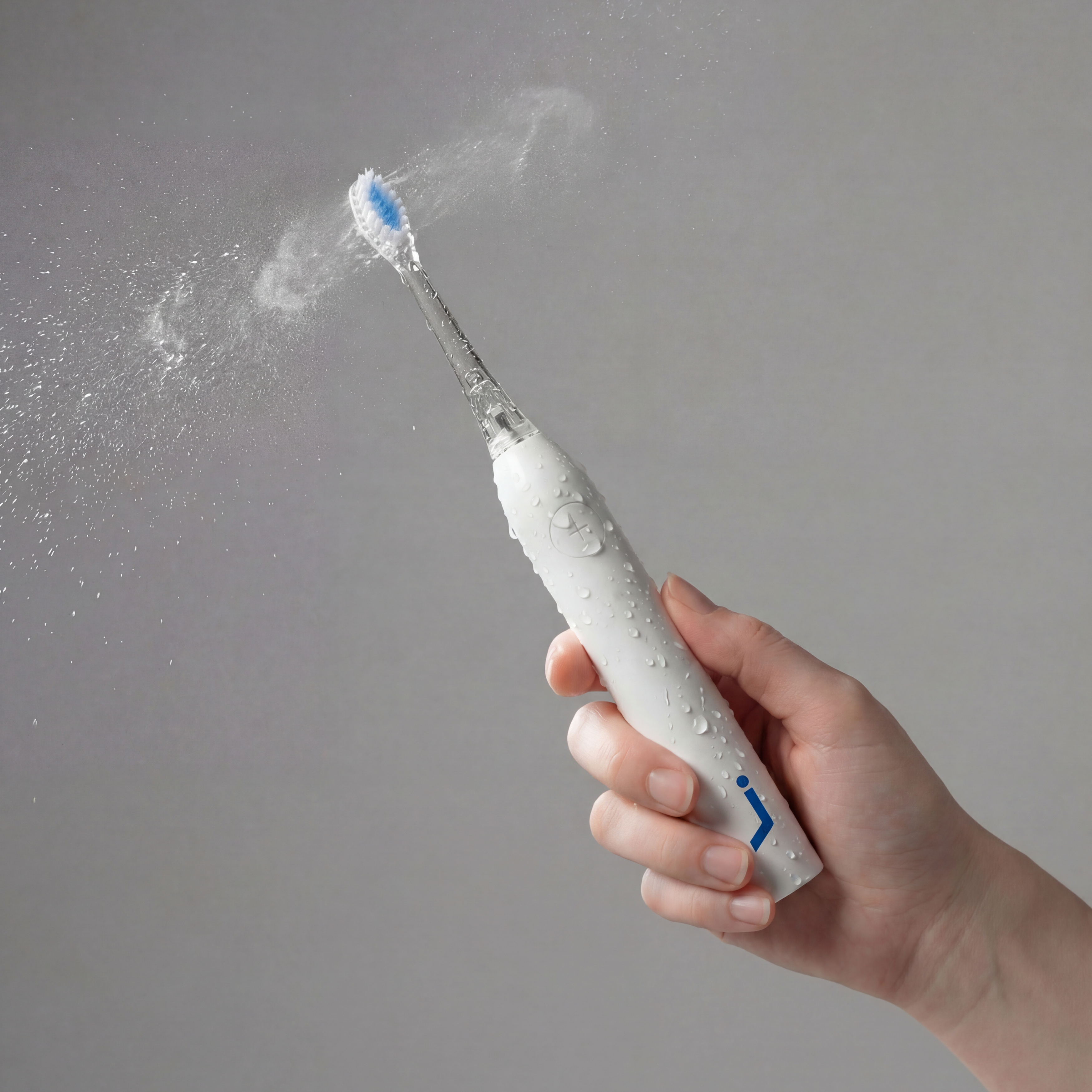 Hand holding a white electric toothbrush with blue bristles against a gray background